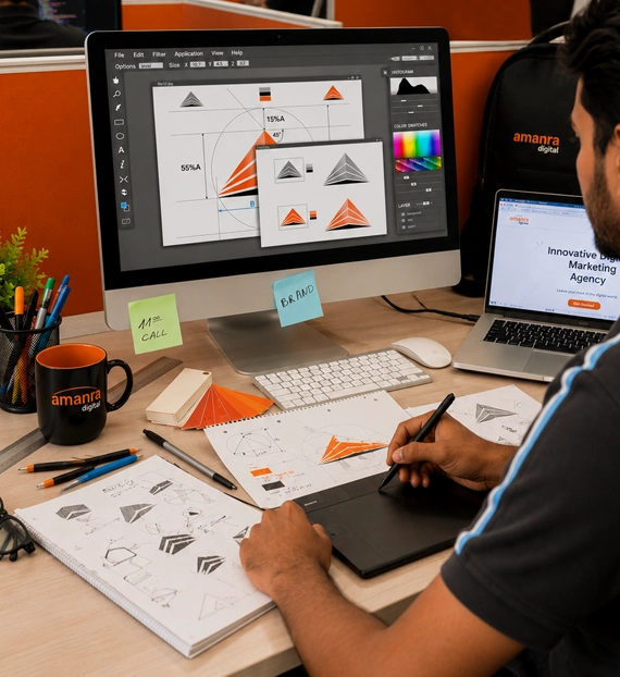 Graphic designer sketching a geometric logo on a pen tablet for an Amanra Digital branding project