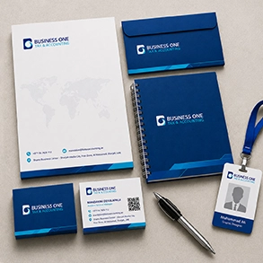 Custom graphic design services for corporate rebranding featuring modern brand identity elements by Amanra Digital